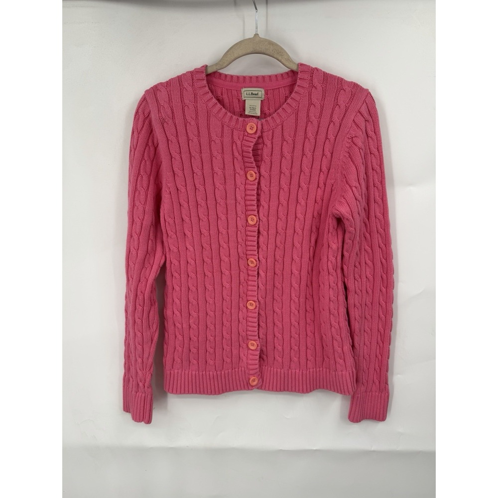 L.L.Bean Y2K Pink Cable Knit Button Front Sweater Women M Preppy Schoolgirl